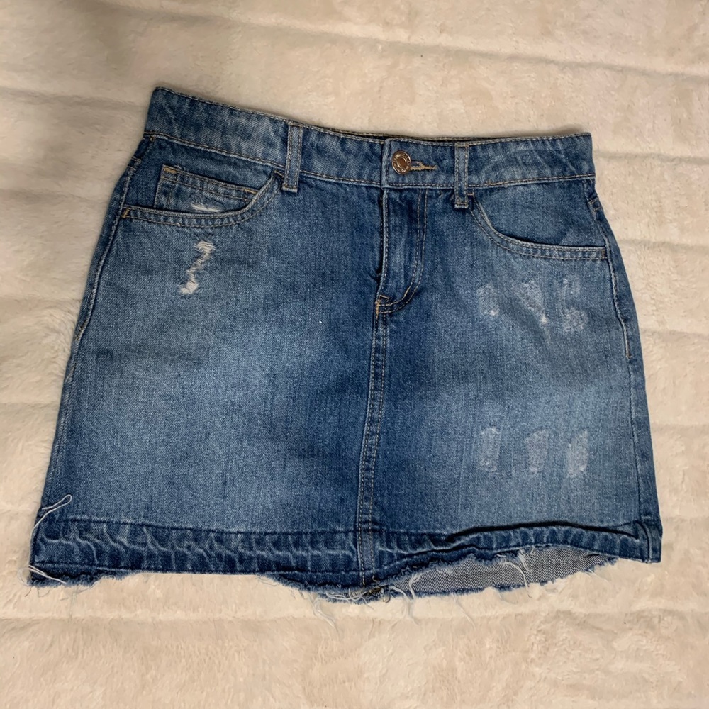 denim blue distressed jean skirt